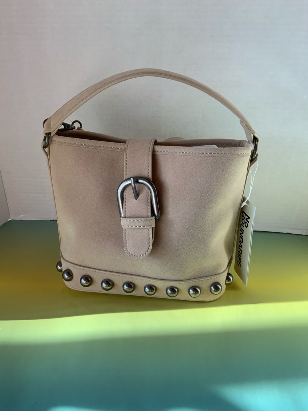 Studded Faux Suede Moto Bucket Shoulder Bag